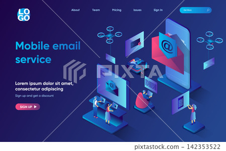 Mobile email service concept 3d isometric web landing page. People send personal and business letters using smartphone, conduct online correspondence. Vector illustration for web template design Mobile email service concept 3d isometric web landing page. People send personal and business letters using smartphone, conduct online correspondence. Vector illustration for web template design 142353522