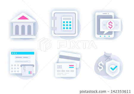 Banking web concept of 3d paper icons set. Pack flat pictograms of bank, safe deposit box, online banking, cash advance, credit cards, savings protection. Vector elements for mobile app and website Banking web concept of 3d paper icons set. Pack flat pictograms of bank, safe deposit box, online banking, cash advance, credit cards, savings protection. Vector elements for mobile app and website 142353611