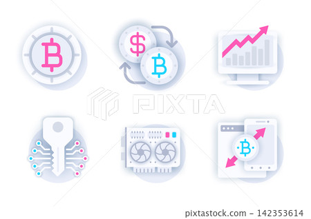 Cryptocurrency web concept of 3d paper icons set. Pack flat pictograms of bitcoin, currency exchange, profit growth, cryptography, blockchain, crypto farm. Vector elements for mobile app and website Cryptocurrency web concept of 3d paper icons set. Pack flat pictograms of bitcoin, currency exchange, profit growth, cryptography, blockchain, crypto farm. Vector elements for mobile app and website 142353614