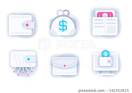 Wallet web concept of 3d paper icons set. Pack flat pictograms of different types of wallets, cash storage, money savings, online services and payment. Vector elements for mobile app and website Wallet web concept of 3d paper icons set. Pack flat pictograms of different types of wallets, cash storage, money savings, online services and payment. Vector elements for mobile app and website 142353615