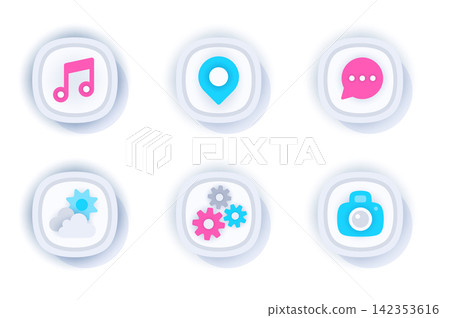 Mobile app web concept of 3d paper icons set. Pack flat pictograms of music, location pin, new messages in chat, wreath, settings and photo camera buttons. Vector elements for interface and website 142353616