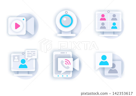 Video conference web concept of 3d paper icons set. Pack flat pictograms of cameras, screen with group online call, working discussion on video meeting. Vector elements for mobile app and website Video conference web concept of 3d paper icons set. Pack flat pictograms of cameras, screen with group online call, working discussion on video meeting. Vector elements for mobile app and website 142353617
