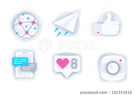 Social network web concept of 3d paper icons set. Pack flat pictograms of global connection, online correspondence, messages in chat, photos, users like. Vector elements for mobile app and website 142353618