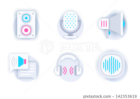Voice and audio web concept of 3d paper icons set. Pack flat pictograms of music column, microphone, loudspeaker, notification, headphones, sound button. Vector elements for mobile app and website Voice and audio web concept of 3d paper icons set. Pack flat pictograms of music column, microphone, loudspeaker, notification, headphones, sound button. Vector elements for mobile app and website 142353619