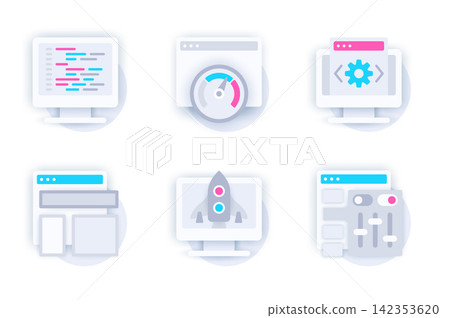 Web development concept of 3d paper icons set. Pack flat pictograms of programming, coding, traffic speed, settings, page layout, digital startup launch. Vector elements for mobile app and website 142353620