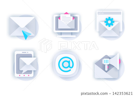 Email service web concept of 3d paper icons set. Pack flat pictograms of sending letter, online correspondence, settings, chat message, promotional mailing. Vector elements for mobile app and website 142353621