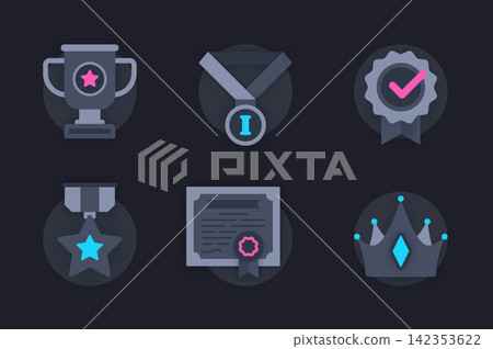 Award web concept of 3d paper icons set. Pack flat pictograms of awarding winners with cups, medals, reward badges and victory stars, diplomas and crown. Vector elements for website in dark style Award web concept of 3d paper icons set. Pack flat pictograms of awarding winners with cups, medals, reward badges and victory stars, diplomas and crown. Vector elements for website in dark style 142353622