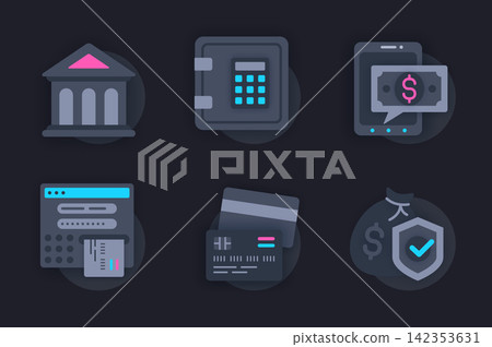 Banking web concept of 3d paper icons set. Pack flat pictograms of financial tools, money storage, savings, online transactions, cash withdrawals from ATM. Vector elements for website in dark style Banking web concept of 3d paper icons set. Pack flat pictograms of financial tools, money storage, savings, online transactions, cash withdrawals from ATM. Vector elements for website in dark style 142353631
