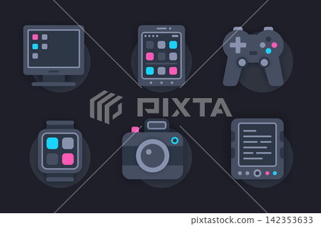 Personal devices web concept of 3d paper icons set. Pack flat pictograms of different types of electronics. Computer, smartphone, photo camera and other. Vector elements for website in dark style Personal devices web concept of 3d paper icons set. Pack flat pictograms of different types of electronics. Computer, smartphone, photo camera and other. Vector elements for website in dark style 142353633