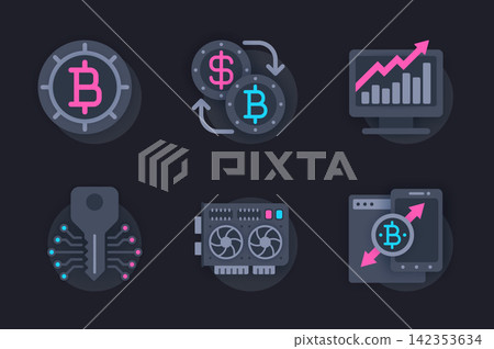 Cryptocurrency web concept of 3d paper icons set. Pack flat pictograms of crypto business and blockchain technologies, bitcoin mining, equipment and analysis. Vector elements for website in dark style Cryptocurrency web concept of 3d paper icons set. Pack flat pictograms of crypto business and blockchain technologies, bitcoin mining, equipment and analysis. Vector elements for website in dark style 142353634