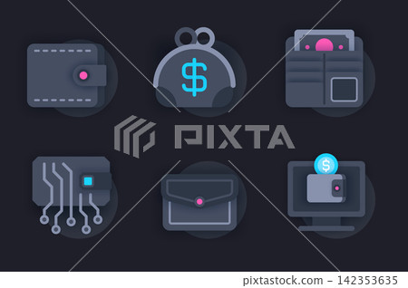 Wallet web concept of 3d paper icons set. Pack flat pictograms of cash storage in different wallets, online transactions, payment for purchases and others. Vector elements for website in dark style Wallet web concept of 3d paper icons set. Pack flat pictograms of cash storage in different wallets, online transactions, payment for purchases and others. Vector elements for website in dark style 142353635