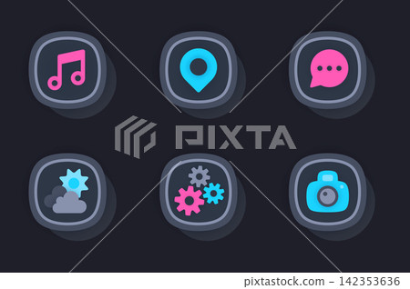 Mobile app web concept of 3d paper icons set. Pack flat pictograms of buttons for application interface. Music, location, message, settings, photo or weather. Vector elements for website in dark style Mobile app web concept of 3d paper icons set. Pack flat pictograms of buttons for application interface. Music, location, message, settings, photo or weather. Vector elements for website in dark style 142353636