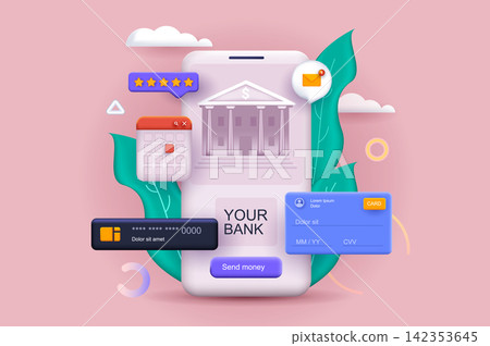 Mobile bank concept 3D illustration. Icon composition with mobile application with online banking, accounts, credit cards, transactions and financial tools. Vector illustration for modern web design Mobile bank concept 3D illustration. Icon composition with mobile application with online banking, accounts, credit cards, transactions and financial tools. Vector illustration for modern web design 142353645