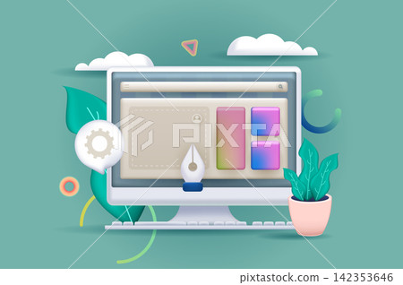 Web development concept 3D illustration. Icon composition with website layout development, content creation and placement, settings and optimization on screen. Vector illustration for modern design Web development concept 3D illustration. Icon composition with website layout development, content creation and placement, settings and optimization on screen. Vector illustration for modern design 142353646