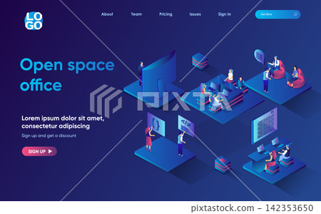 Open space office concept 3d isometric web landing page. People work in coworking place together, perform and discuss tasks, collaborate and brainstorm. Vector illustration for web template design Open space office concept 3d isometric web landing page. People work in coworking place together, perform and discuss tasks, collaborate and brainstorm. Vector illustration for web template design 142353650