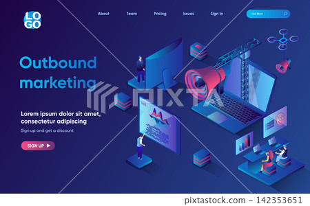 Outbound marketing concept 3d isometric web landing page. People develop promotion strategy, making advertising campaign, attract customers to buy product. Vector illustration for web template design Outbound marketing concept 3d isometric web landing page. People develop promotion strategy, making advertising campaign, attract customers to buy product. Vector illustration for web template design 142353651