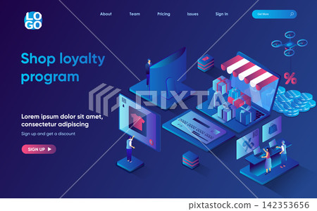 Shop loyalty program concept 3d isometric web landing page. People make purchases and receive bonuses and gifts from stores, smart shopping with discounts. Vector illustration for web template design Shop loyalty program concept 3d isometric web landing page. People make purchases and receive bonuses and gifts from stores, smart shopping with discounts. Vector illustration for web template design 142353656