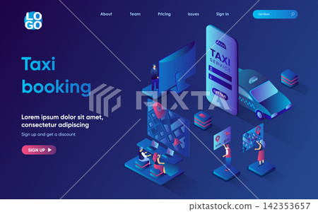 Taxi booking concept 3d isometric web landing page. People use taxi service in mobile app for ordering and booking car, choosing transport, online tracking. Vector illustration for web template design Taxi booking concept 3d isometric web landing page. People use taxi service in mobile app for ordering and booking car, choosing transport, online tracking. Vector illustration for web template design 142353657