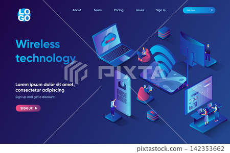 Wireless technology concept 3d isometric web landing page. People use wifi hotspot to get internet access from laptop or smart phone, online connection. Vector illustration for web template design Wireless technology concept 3d isometric web landing page. People use wifi hotspot to get internet access from laptop or smart phone, online connection. Vector illustration for web template design 142353662