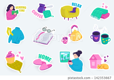 Sweet home cute stickers set in flat cartoon design. Bundle of woman reading book, armchair, coffee, blanket, sweater, teapot, cupcake and other. Vector illustration for planner or organizer template Sweet home cute stickers set in flat cartoon design. Bundle of woman reading book, armchair, coffee, blanket, sweater, teapot, cupcake and other. Vector illustration for planner or organizer template 142353667