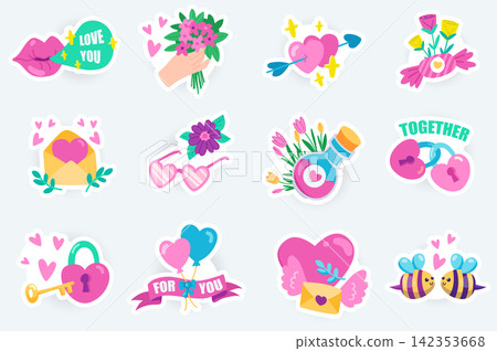 Love and romantic cute stickers set in flat cartoon design. Bundle of kissing lips, flower bouquet, hearts, love letter, pink glasses and other. Vector illustration for planner or organizer template Love and romantic cute stickers set in flat cartoon design. Bundle of kissing lips, flower bouquet, hearts, love letter, pink glasses and other. Vector illustration for planner or organizer template 142353668