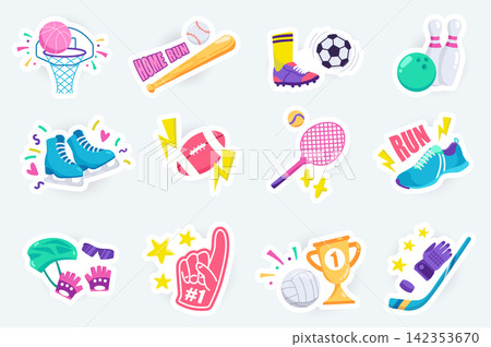 Sports cute stickers set in flat cartoon design. Bundle of basketball, baseball, football, bowling, skating, tennis, running, cycling and other. Vector illustration for planner or organizer template Sports cute stickers set in flat cartoon design. Bundle of basketball, baseball, football, bowling, skating, tennis, running, cycling and other. Vector illustration for planner or organizer template 142353670