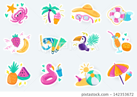 Summer cute stickers set in flat cartoon design. Bundle of crab, palms, ice cream, sunglasses, hat, lifebuoy, fruits, diving equipment and other. Vector illustration for planner or organizer template 142353672