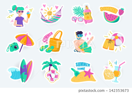 Summer time cute stickers set in flat cartoon design. Bundle of woman with ice cream, hammock, watermelon, umbrella, surfing, diving and other. Vector illustration for planner or organizer template 142353673