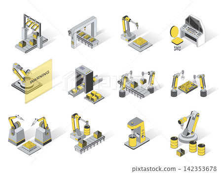 Robotization industry 3d isometric icons set. Pack elements of production conveyor lines at smart industry with robotic arms and automatic machines. Vector illustration in modern isometry design Robotization industry 3d isometric icons set. Pack elements of production conveyor lines at smart industry with robotic arms and automatic machines. Vector illustration in modern isometry design 142353678