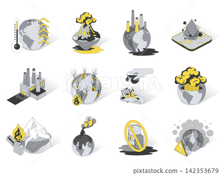 Global warming and pollution 3d isometric icons set. Pack elements of climate change on planet, emissions, volcano explosions, forest fires, oil industry. Vector illustration in modern isometry design Global warming and pollution 3d isometric icons set. Pack elements of climate change on planet, emissions, volcano explosions, forest fires, oil industry. Vector illustration in modern isometry design 142353679