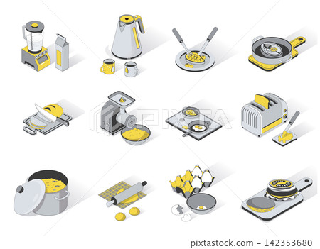 Kitchen utensils 3d isometric icons set. Pack elements of blender, kettle and cups, meal on plate, meat grinder, toaster, saucepan, bread on board. Vector illustration in modern isometry design Kitchen utensils 3d isometric icons set. Pack elements of blender, kettle and cups, meal on plate, meat grinder, toaster, saucepan, bread on board. Vector illustration in modern isometry design 142353680