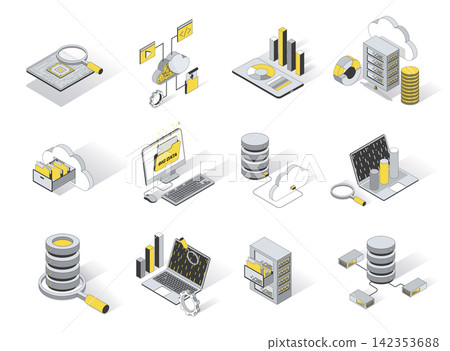 Big data analysis 3d isometric icons set. Pack elements of cloud computing and storage information, hardware, software, research statistics, upload files. Vector illustration in modern isometry design 142353688