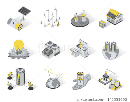 Ecological energy 3d isometric icons set. Pack elements of solar panels, windmills, green energy, eco friendly, waste sorting and recycling, electric car. Vector illustration in modern isometry design 142353690