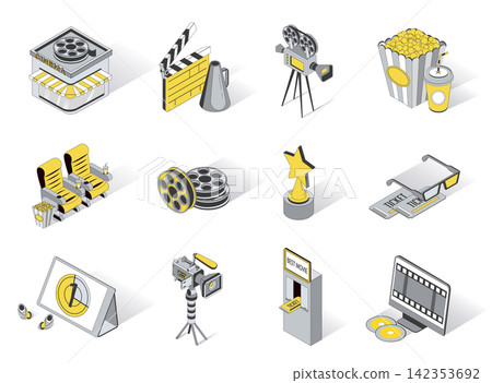 Movie production 3d isometric icons set. Pack elements of cinema, video camera, clapperboard, megaphone, film reels, awards, tickets, popcorn and drinks. Vector illustration in modern isometry design Movie production 3d isometric icons set. Pack elements of cinema, video camera, clapperboard, megaphone, film reels, awards, tickets, popcorn and drinks. Vector illustration in modern isometry design 142353692