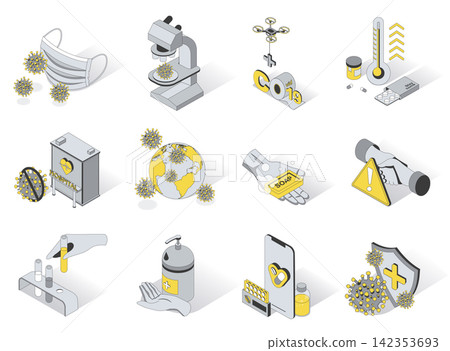 Coronavirus protection 3d isometric icons set. Pack elements of medical mask, virus on microscope, medicines, hospital, wash hands with soap, pandemic. Vector illustration in modern isometry design 142353693