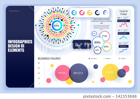 Bundle infographic elements data visualization vector design template. Can be used for steps, business processes, workflow, diagram, flowchart, timeline, KPI dashboard, info graphics. 142353698
