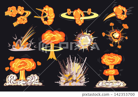 Fire explosions in comic style set isolated elements. Bundle of bright flame bombs effects to express energy of motion and detonation, atomic mushrooms. Vector illustration in flat cartoon design. Fire explosions in comic style set isolated elements. Bundle of bright flame bombs effects to express energy of motion and detonation, atomic mushrooms. Vector illustration in flat cartoon design. 142353700