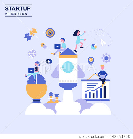 Startup flat design concept blue style with decorated small people character. Startup flat design concept blue style with decorated small people character. 142353708