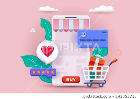 Mobile shopping concept 3D illustration. Icon composition with mobile application for making purchases, ordering goods online and paying with credit card. Vector illustration for modern web design Mobile shopping concept 3D illustration. Icon composition with mobile application for making purchases, ordering goods online and paying with credit card. Vector illustration for modern web design 142353713