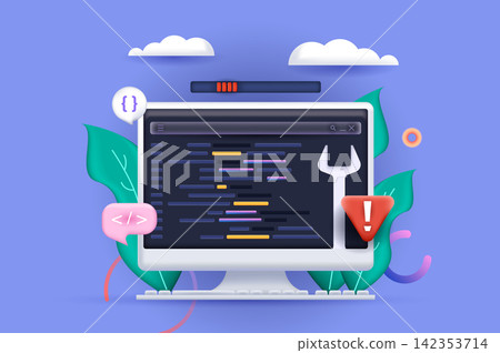 Programming concept 3D illustration. Icon composition with coding and testing on computer screen, development and optimization of software and programs. Vector illustration for modern web design Programming concept 3D illustration. Icon composition with coding and testing on computer screen, development and optimization of software and programs. Vector illustration for modern web design 142353714