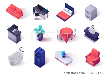 Interior furniture 3d isometric icons set. Sofa, bed, nightstand, armchair, bathtub, refrigerator, tables and chairs and other isolated elements pack. Vector illustration in realistic render design Interior furniture 3d isometric icons set. Sofa, bed, nightstand, armchair, bathtub, refrigerator, tables and chairs and other isolated elements pack. Vector illustration in realistic render design 142353733