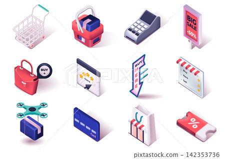 Shopping and sale 3d isometric icons set. Supermarket trolley, cart, checkout, delivery, payment, discount, coupon and other isolated elements pack. Vector illustration in realistic render design Shopping and sale 3d isometric icons set. Supermarket trolley, cart, checkout, delivery, payment, discount, coupon and other isolated elements pack. Vector illustration in realistic render design 142353736