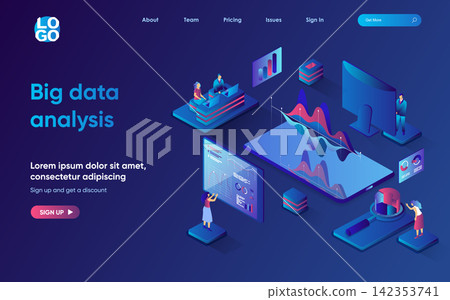 Big data analysis concept 3d isometric web landing page. People making financial reports and market research, studying statistics on charts and graphs. Vector illustration for web template design Big data analysis concept 3d isometric web landing page. People making financial reports and market research, studying statistics on charts and graphs. Vector illustration for web template design 142353741