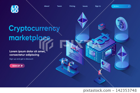 Cryptocurrency marketplace concept 3d isometric web landing page. People make financial transactions, buy or sell bitcoins, invest money in crypto business. Vector illustration for web template design 142353748