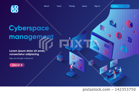Cyberspace management concept 3d isometric web landing page. People upload and transfer files, manage, store and share information using cloud technologies. Vector illustration for web template design 142353750