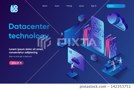 Datacenter technology concept 3d isometric web landing page. People analyze big data and work with cloud technologies, access and processing of statistics. Vector illustration for web template design 142353751