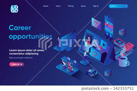 Career opportunities concept 3d isometric web landing page. People apply for vacancies, looking for work, develop their careers and professional skills. Vector illustration for web template design Career opportunities concept 3d isometric web landing page. People apply for vacancies, looking for work, develop their careers and professional skills. Vector illustration for web template design 142353752