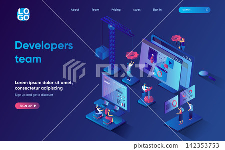 Developers team concept 3d isometric web landing page. People develop programs and applications, optimize interfaces, analyze market and launch products. Vector illustration for web template design 142353753