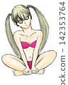 A girl in a red bikini sitting cross-legged 142353764