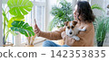 Young Caucasian Woman with a Smartphone and Her Pet Dog by a Window 142353835